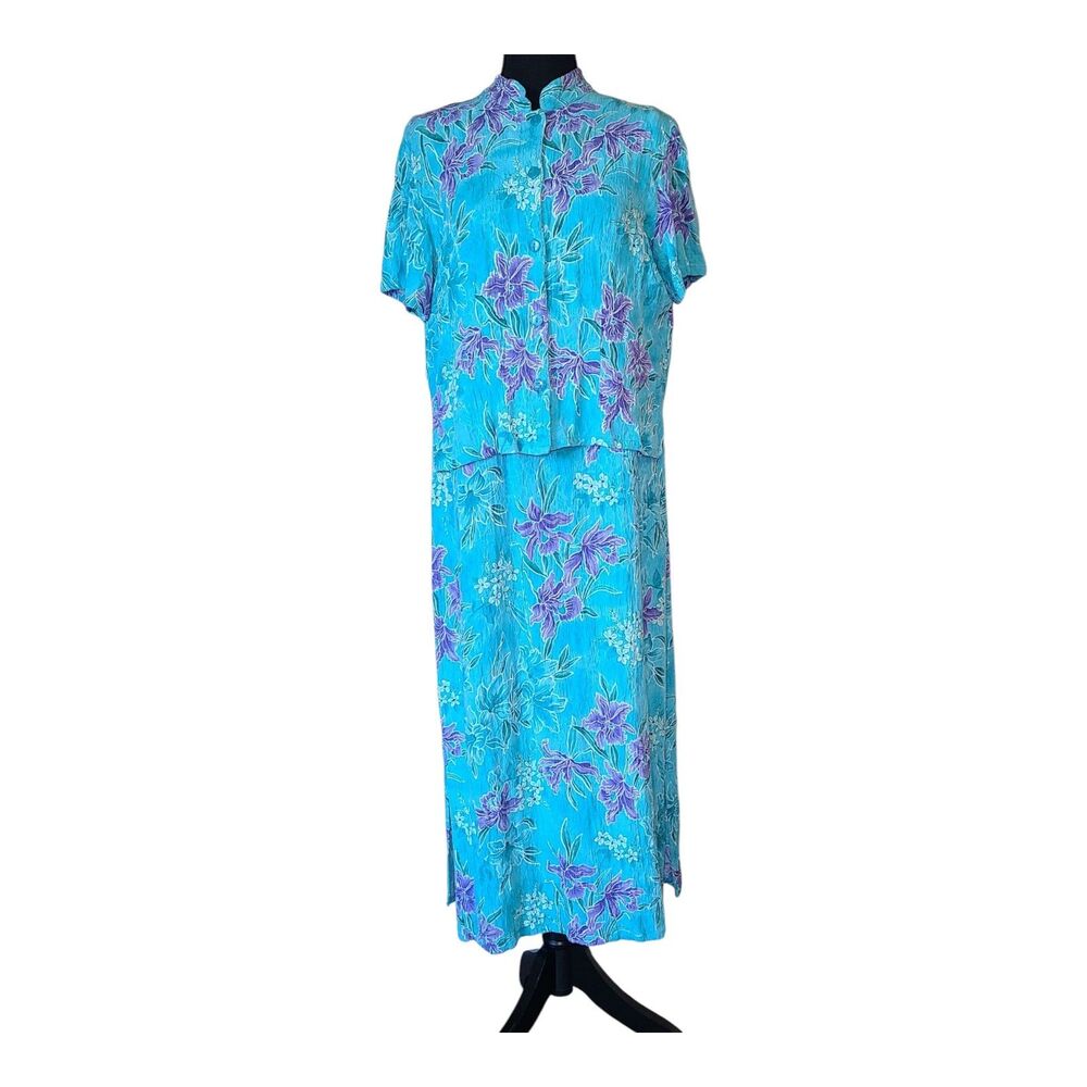 Studio Ease Dress & Button Top 2 Piece Set Women's Size 14 Blue Floral Vintage